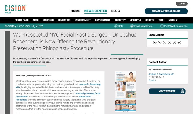 Screenshot of an article titled: Well-Respected NYC Facial Plastic Surgeon, Dr. Joshua Rosenberg, is Now Offering the Revolutionary Preservation Rhinoplasty Procedure