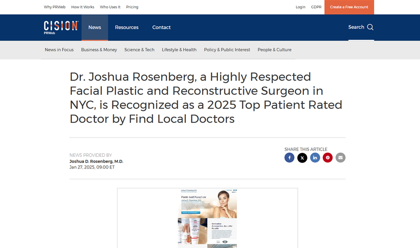 Screenshot of an article titled: Dr. Joshua Rosenberg, a Highly Respected Facial Plastic and Reconstructive Surgeon in NYC, is Recognized as a 2025 Top Patient Rated Doctor by Find Local Doctors
